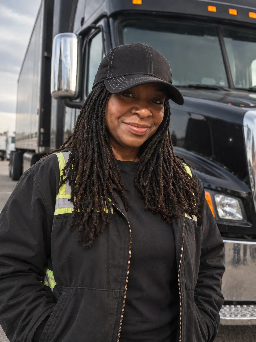 Smiling woman in a cap and hi-vis work jacket standing in front of a black semi-truck